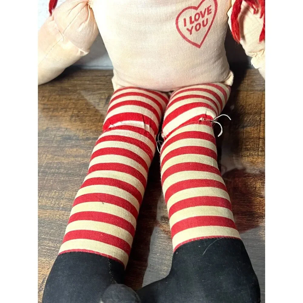 Vintage Raggedy Ann Doll Printed Face Heart Red Yarn Hair Striped Legs 1950s–70s